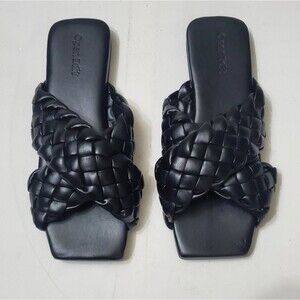 Open Edit Womens Black Square Toe Braided Leather Slip on Slide Sandals NWOB